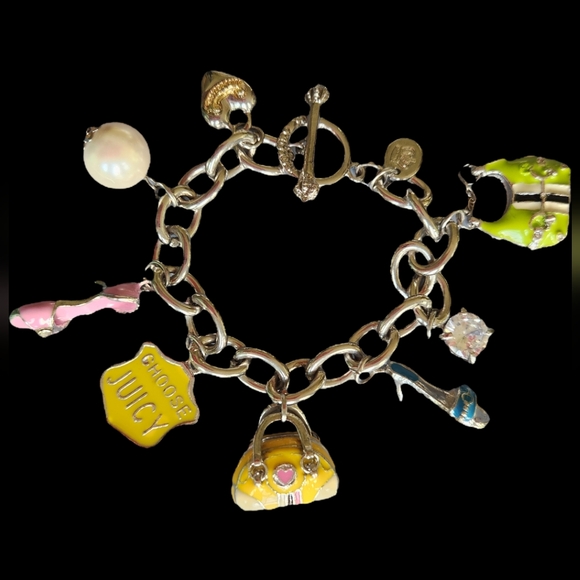 Juicy Couture Jewelry - Juicy Couture Silver Tone 8 Charms Bracelet with Yellow and Pink Accents 2008